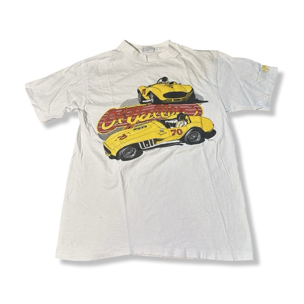 Vintage 80s Ol Yaller Racing White Graphic T Shirt Size Medium Made In USA